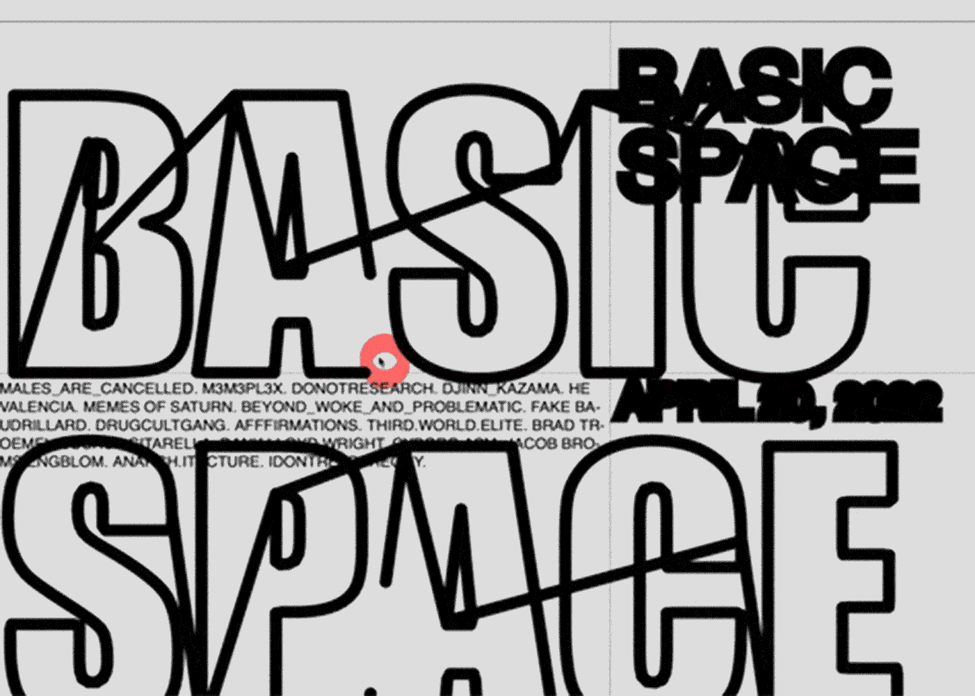 screengrabbed view of a cursor moving around a light-gray website, with the title 'BASIC SPACE' in bold black outlines. the cursor alternates between bubbling dots of blue, red, purple, and green.