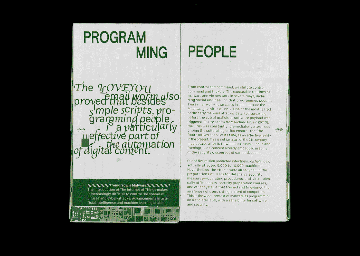 open spread of an essay, typset in a green font with cut areas of the page revealing the textures of surrounding pages. the background is a black void.