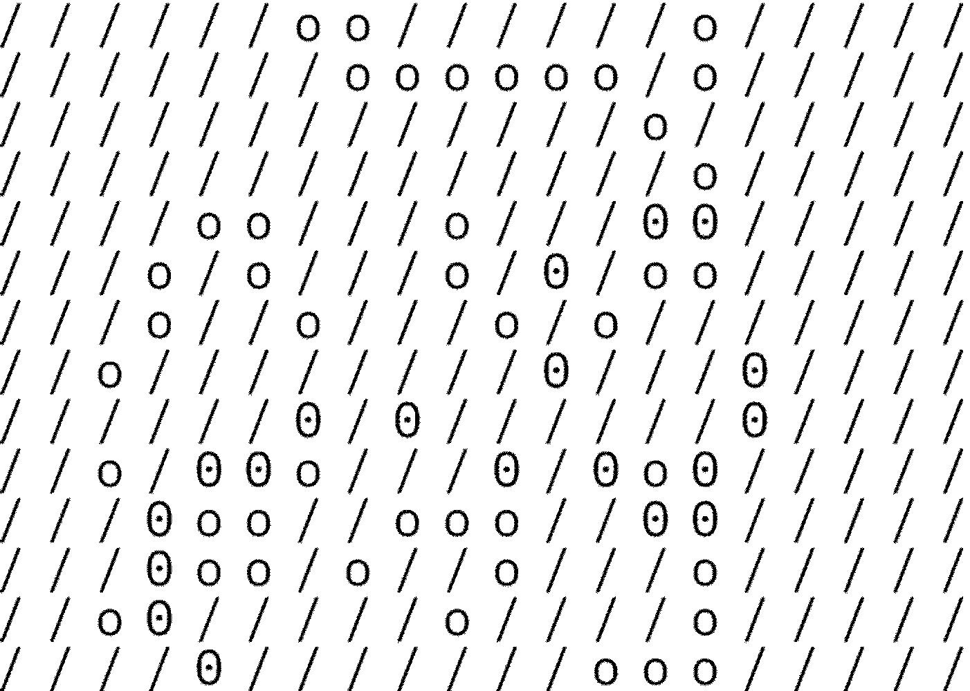 a grid of glyphs, some flickering and changing symbols. as the cursor passes over certain glyphs, a black rectangle appears, containing white text.